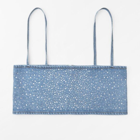 Zara Rhinestone  Jewel Denim Crop Top Blue Blogger Fav Size Small NWT - Picture 6 of 12